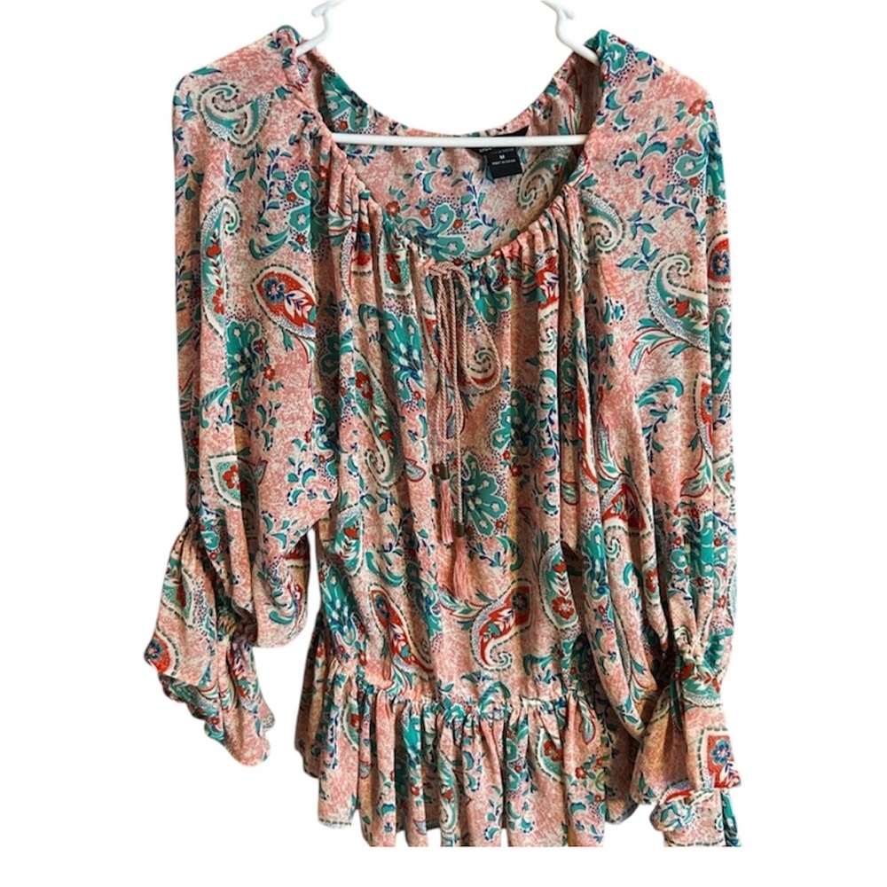 NWOT Vintage Y2K Moda International Peasant Blouse Medium Pink/Green Y2K
